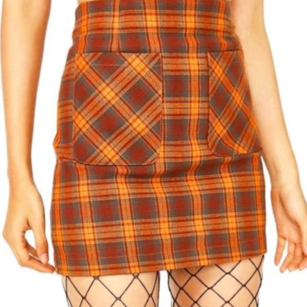 Vintage Plaid Mini Skirt Orange Brown Size Medium